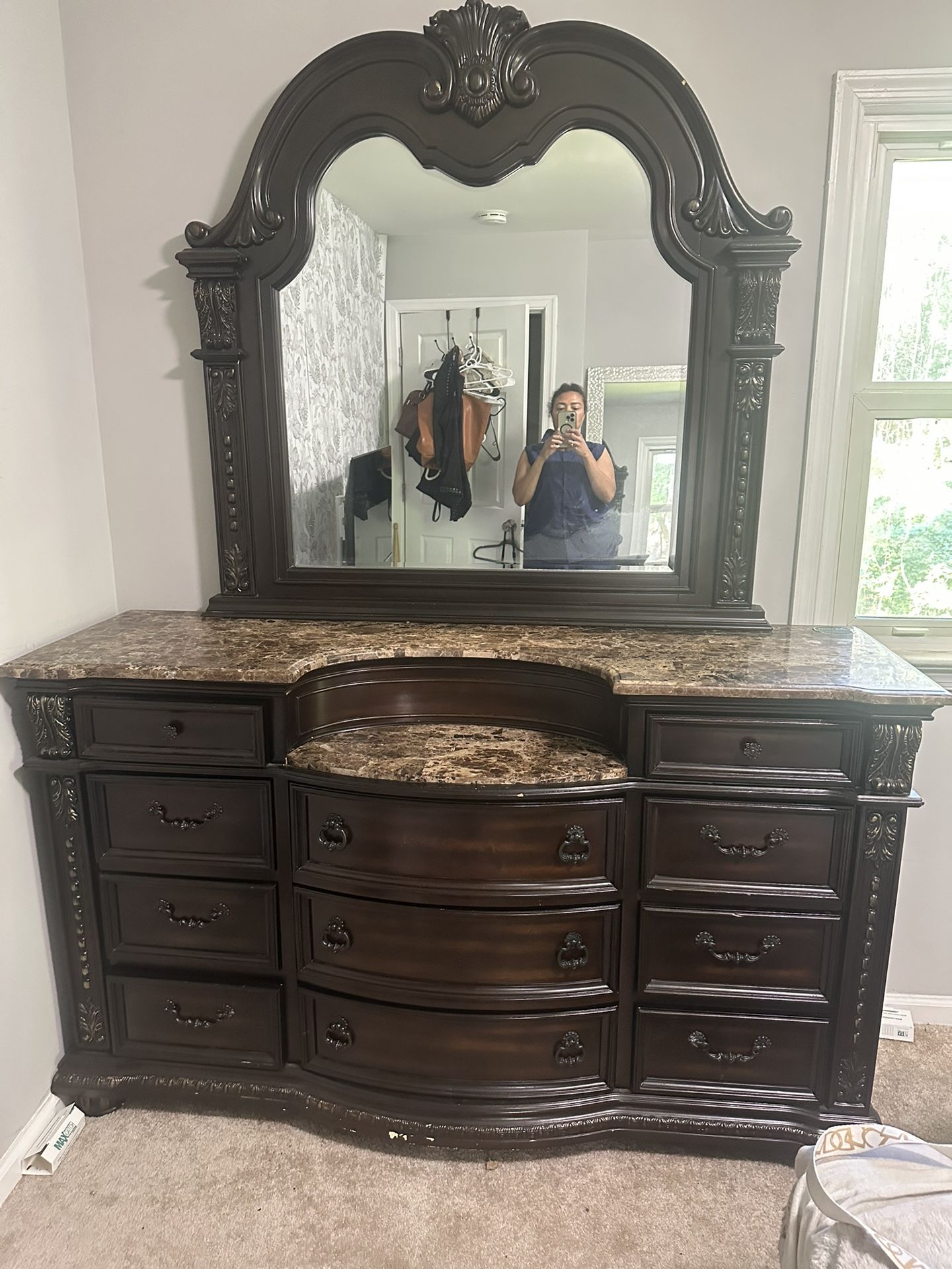 πͺElegant Wood & Marble Dresser with Mirror β VERY Heavy β $300 OBO