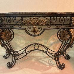 Maitland Smith Ornate Wrought Iron Console With Marble Top