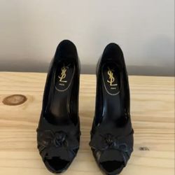 Authentic YSL Bow Tie Palais Platform Peep Toe Heels Size 39 US Size 8