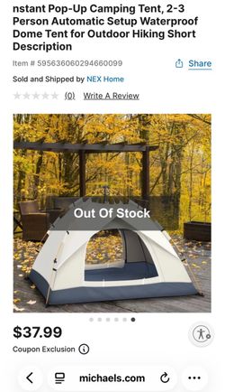 nstant Pop-Up Camping Tent, 2-3 Person Automatic Setup Waterproof Dome Tent for Outdoor Hiking