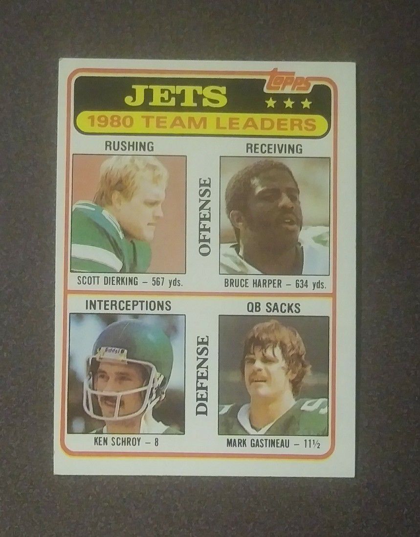 1981 Topps Scott Dierking Bruce Harper Ken Schroy Mark Gastineau New York Jets #132 Leaders Checklist Football Card Collectible Vintage Sports Trading