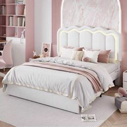 SHA CERLIN Queen Upholstered Size Bed Frame With LED Lights, Adjustable Velvet Headboard With Wavy Design, Noise Free, Wooden Slats Platform Bed, Easy