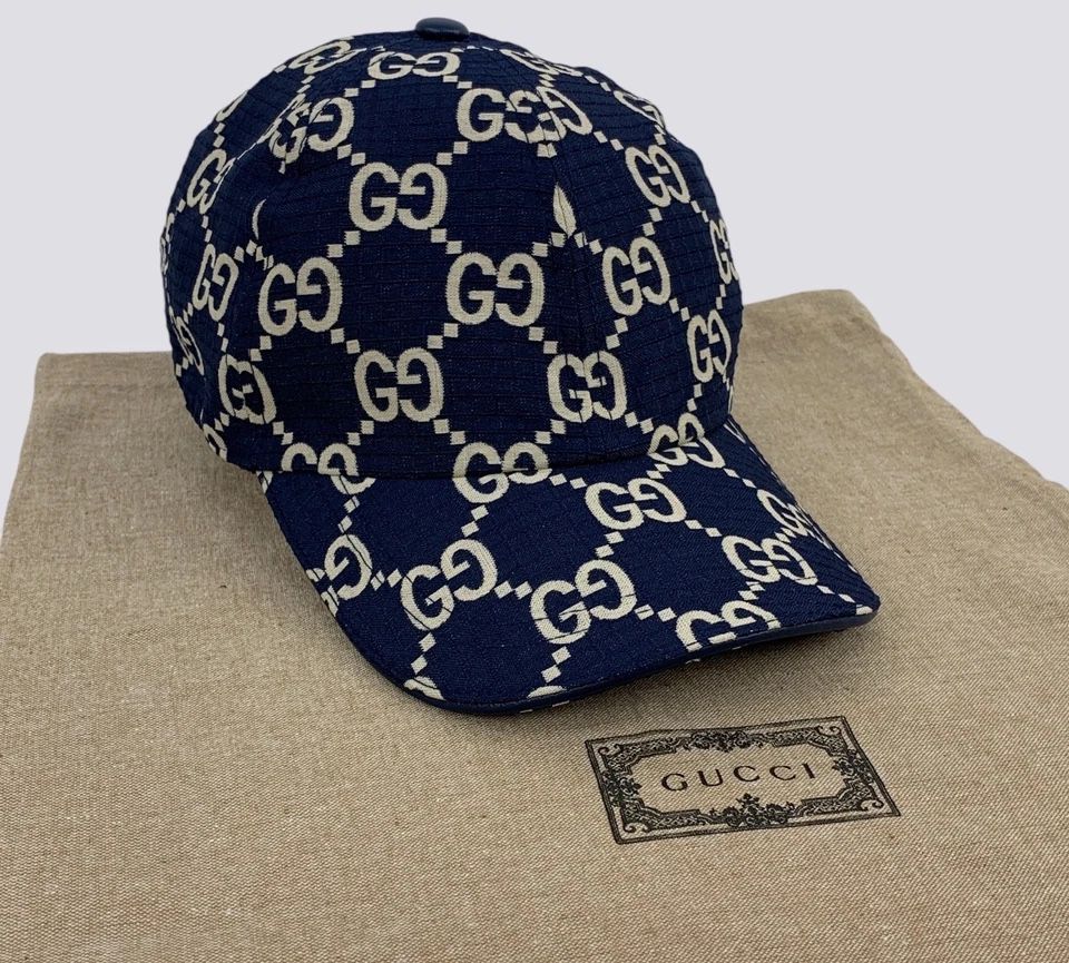 Gucci GG Monogram Ripstop Recycled Polyester Baseball Cap Hat Navy Blue Size M