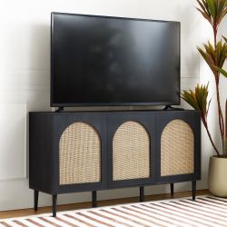 56"W Storage 3-Door Rattan Sideboard with Adjustable Shelves - BLACK