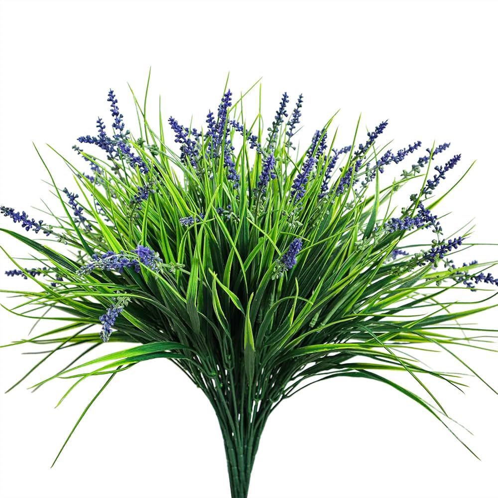 24 Pcs Artificial Outdoor Flowers UV Resistant Lavender Fake Greenery Plants Grass with Purple Flowers for Pot Decor for Window Garden Patio Hanging P
