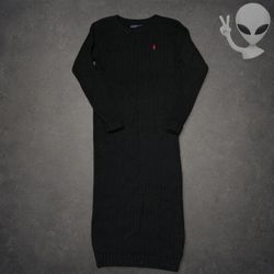 70s Ralph Lauren Sweater Dress Womens S Black Long Sleeve Knit Embroidered Wool