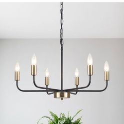 6-Light Black and Brass Farmhouse Candle Linear Chandelier for Living Room with No Bulbs Included L4