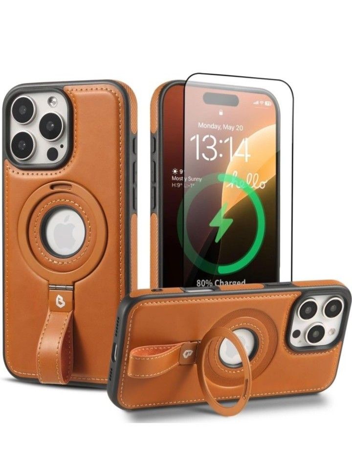 Protective iPhone 16 Pro Max Case Leather,Compatible with MagSafe,Built-in Kickstand,, Brown，black，Burgundy