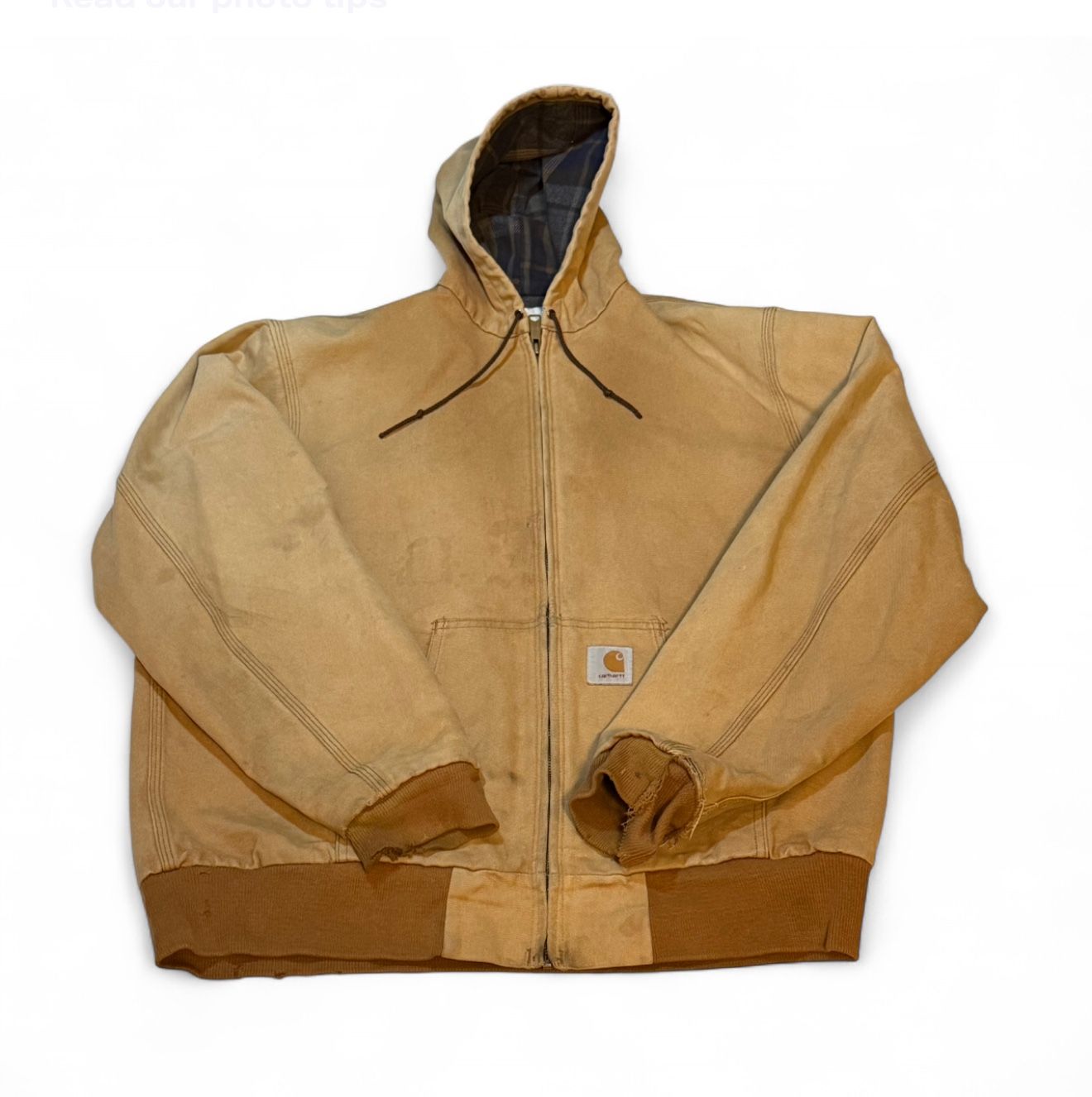 Vtg Carhartt Mens Stained Canvas Full Zip Hooded Jacket Duck Brown USA