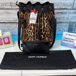 YSL Saint Laurent Medium Seau Riva Calf Hair Leopard Print Bucket Bag With Wristlet *Authenticated*