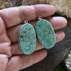 Large Oval Natural Turquoise Gemstone Silver Earrings