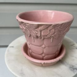 McCoy Pottery 1954 No. 111 Flower/Plant Pot with Attached Saucer Pink 4 inch 