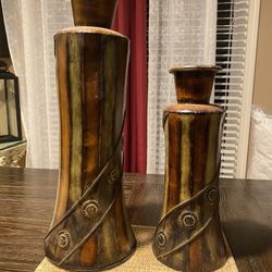 Set Of Brown And Green Flower Vases 