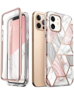 Case for iPhone 12 / iPhone 12 Pro , Slim Full-Body Stylish Protective Case with Built-in Screen Protector (Marble / Pink)