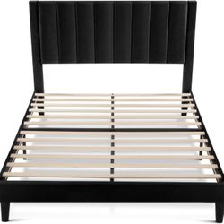 Queen Bed Frame/Velvet Upholstered Platform Bed Frame with Headboard/Strong Wood Slats Support/Mattress Foundation/No Box Spring Needed - Black