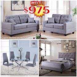 New grey home bundle set dining,queen bed,sofa & loveseat