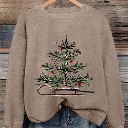Size Small Camel Color Christmas Tree Knitted Pullover Sweater Long Sleeve