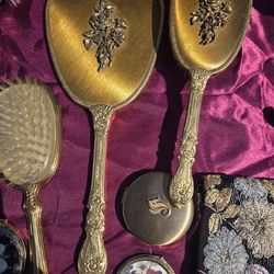 Vintage Gold Rose Accent Vanity Set of Mirror and Hair Brush