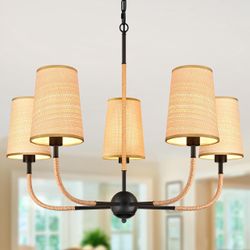 28" Black Boho Rattan Chandelier