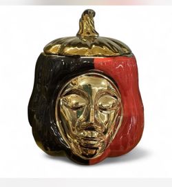 Santeria Elegguá Ceramic Sopera - Red & Black Gold Face Deity Jar with Lid 12 in