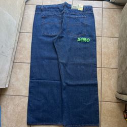 baggy wide leg blue solo semore jeans with solo embriodery
