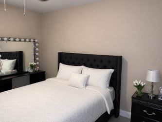 Dark Gray Upholstered Queen Bed Frame – Excellent Condition