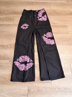 Black Jeans with Pink Lip Print Graphics