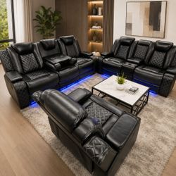 Black Leather Home Theater Recliner Sofa Set