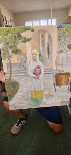 1955 Oil painting of woman in plaza in Mexico
