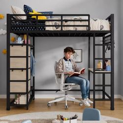 Twin Size Loft Bed with Desk and Shelves & Outlet, LED Light, Industrial Bunkbeds Heavy Duty Bed with Safety Guard Rails and Space-Saving Design, Stee