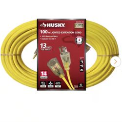Husky 100 ft. 14/3 Medium Duty Indoor/Outdoor Extension Cord with Lighted End, Yellow