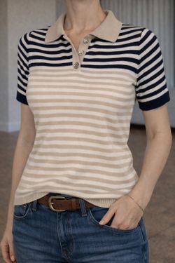 Striped Short Sleeve Knit Polo Top – Neutral Tones – Size L