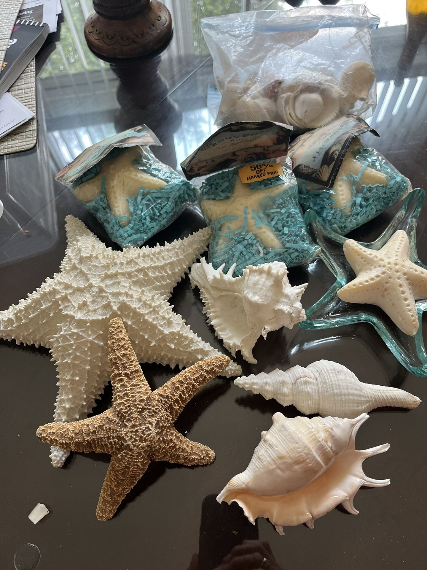 Beach decor, various shells, starfish soap with starfish soap holder