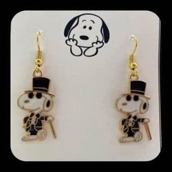 New Classic Super Cute Snoopy Astaire with Top Hat 🎩 Cane Tux Earrings  Peanuts Wedding