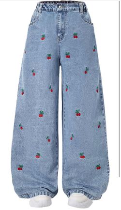 Size 12y Tween Girls Wide Leg Jeans, 5 Pockets Cherry Embroidered Denim Pants, Elastic Waist and Zipper Fly Baggy Trousers