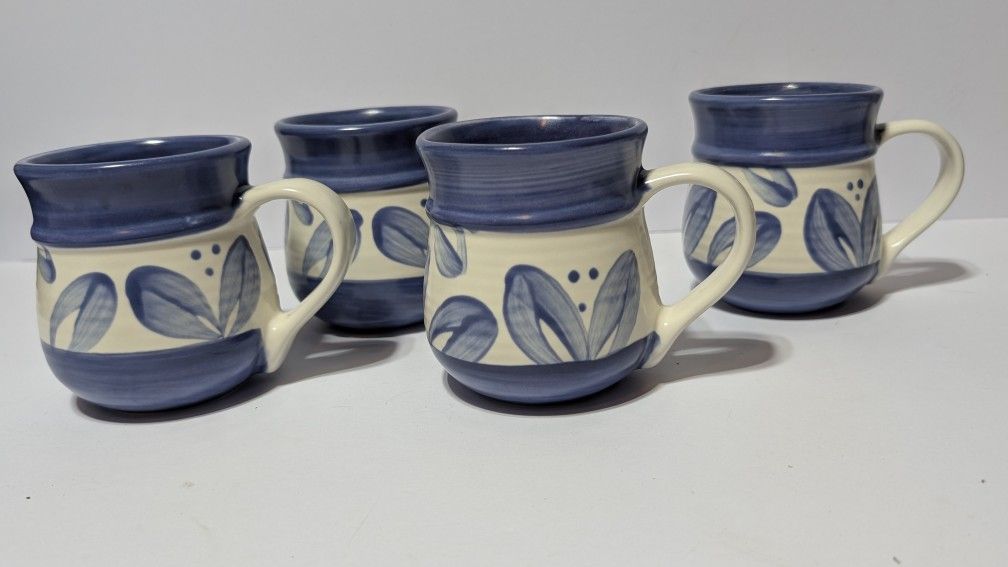 Set of 4 Pfaltzgraff Blue Leaf Handpainted Stoneware Coffee Mugs – Mexico Made