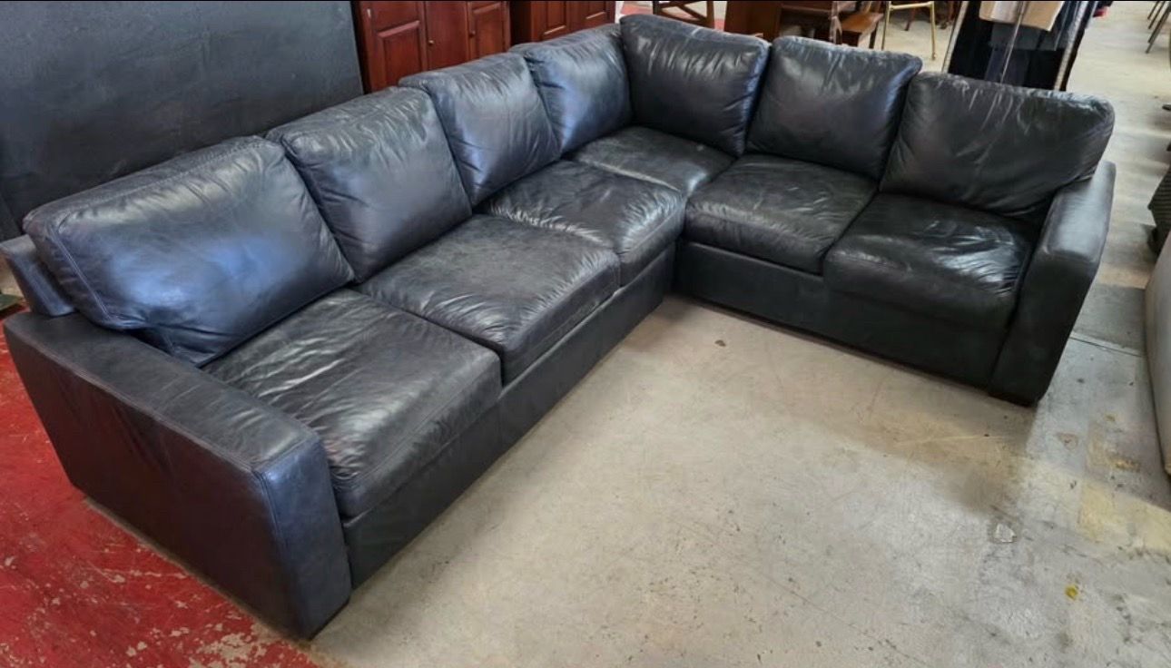 Modern 2-Piece L-Shaped Dark Navy Leather Sectional with Track Arms