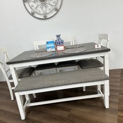 6pc Dining Table + Bench