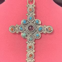 Large Cross Pendant Silver With Multi Stones 8 Turquoise Around Center Used Chain Sold Separately 