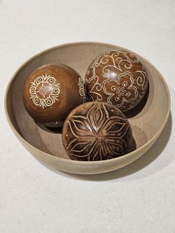 Set Of Three Hand Carved Decorative Wood Balls Orbs Spheres