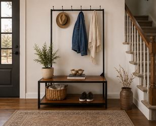 Entryway Storage Bench with Hooks — Wood and Metal (coats, shoes, hats)