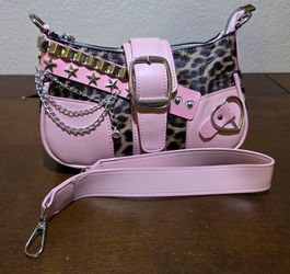 Y2K pink faux-leather and leopard print studded shoulder bag
