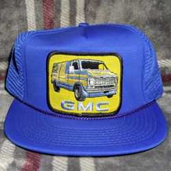 Vintage GMC Trucker Hat Mesh Snapback Cap Van Patch Blue Yellow Rope Retro 80s