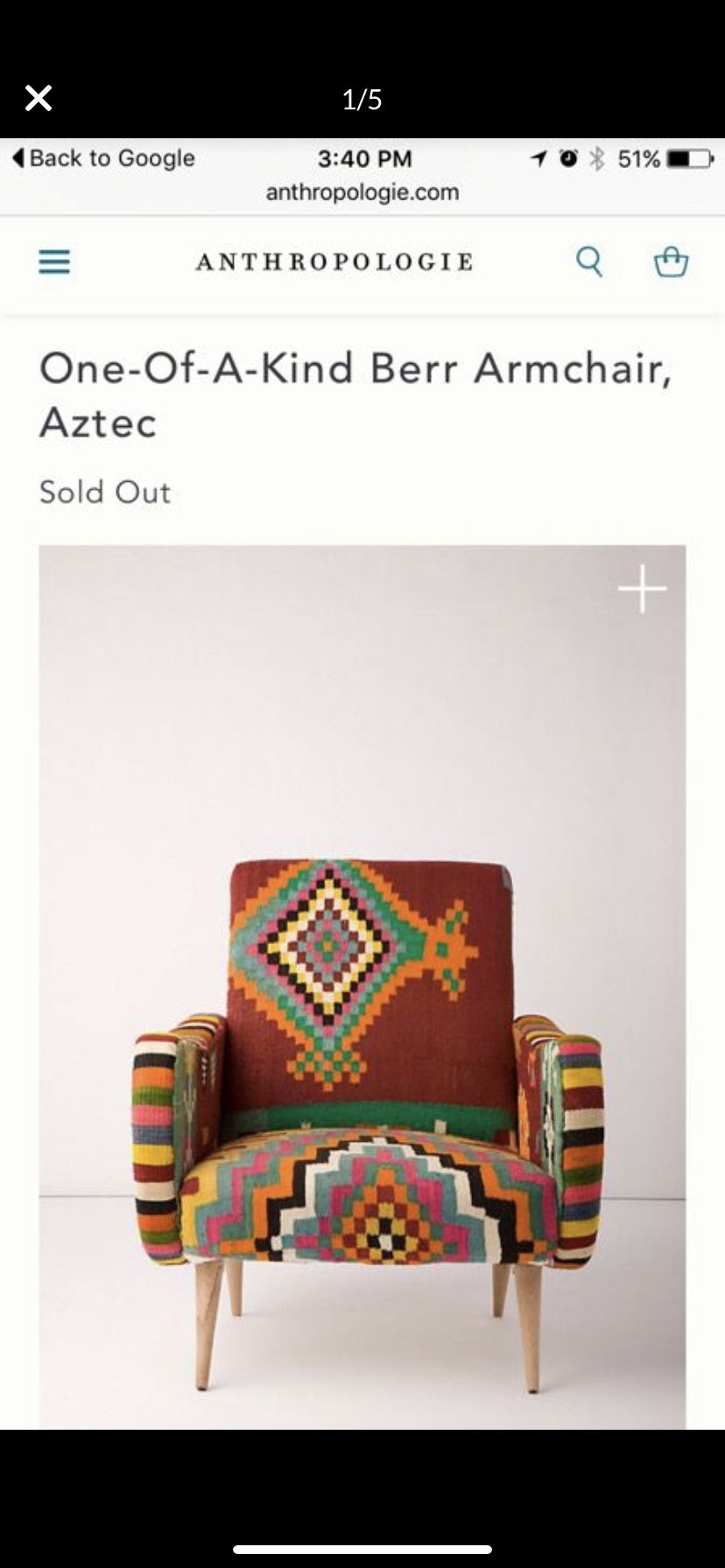 Anthropologie One of a kind Berr armchair, vintage Aztec kilim rug fabric