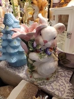 Ceramic Rabbit Figurine Hand Painted Floral Accents Easter Decor Collectible