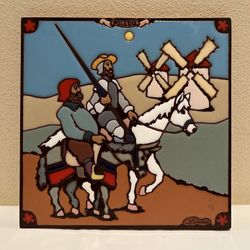 Spanish Tile Trivet Signed St Germier Toledo  Men on Horse/Donkey 