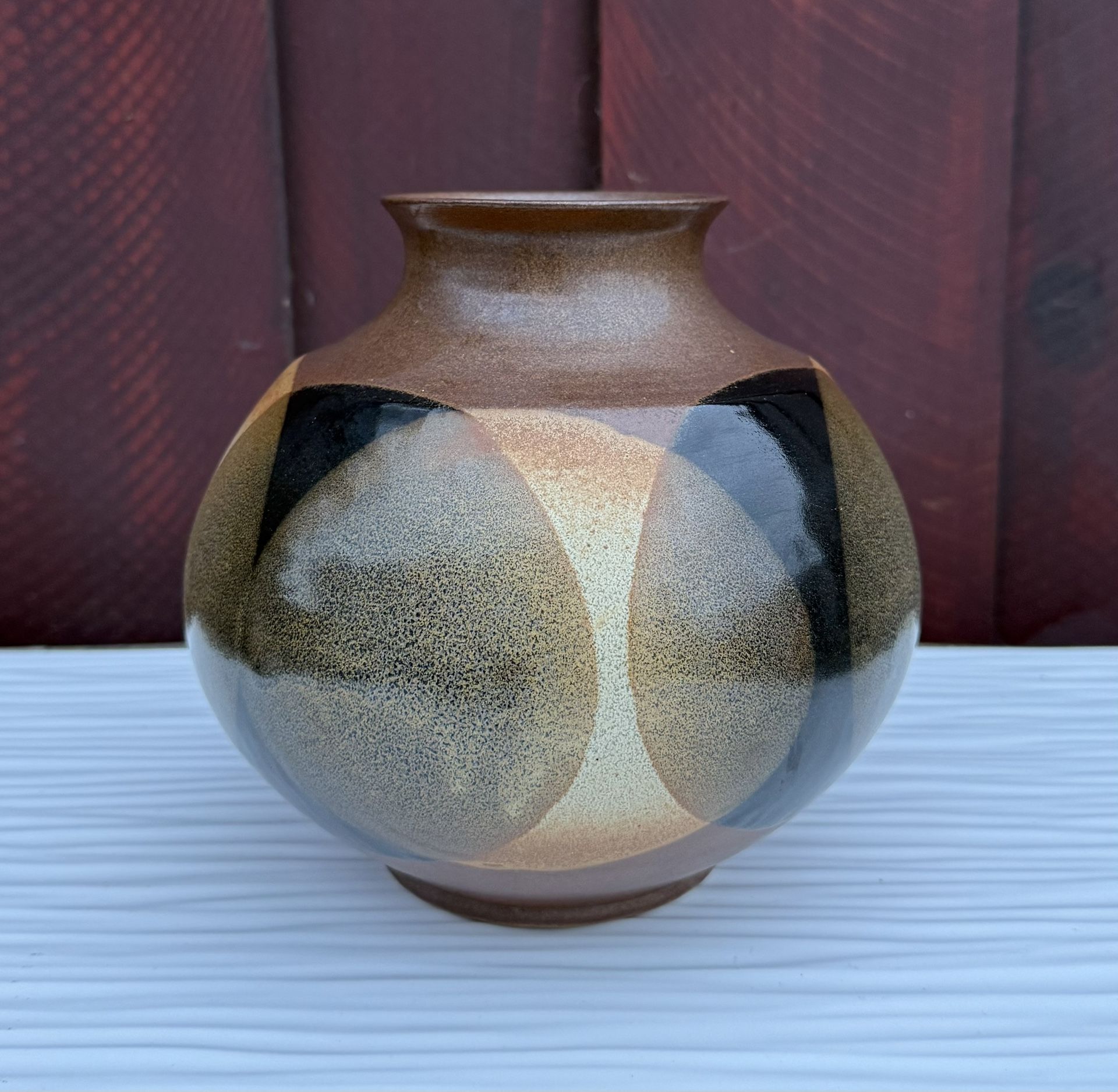 Unique Vintage Pottery Vase Geometric Design Signed 7.5"H x 7.5"W