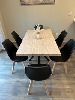 Wooden Laminated Table and 6 Black Padded Chairs_Brand New Unassembled
