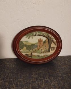 Oval Vintage village church scene 3D wall decor