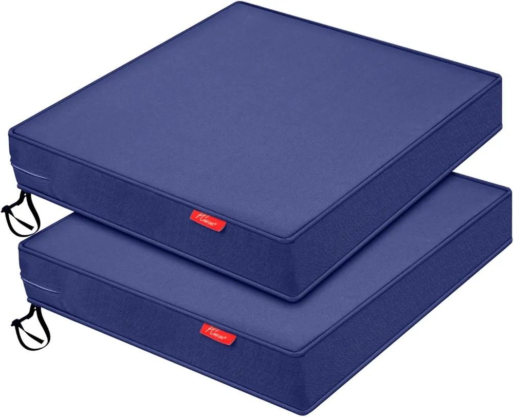 Outdoor Chair Cushion 19 x 19 x 3 Inch, Set of 2, Water & Fade Resistant, Patio Furniture with Removable Cover and Adjustable Straps, Deep Blue